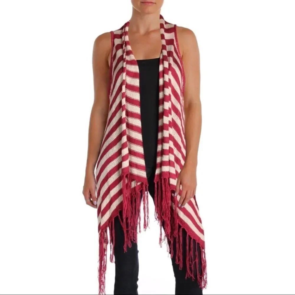 Western Red Ivory Striped Open Front High Low Fringe Tassel Trim Knit Vest NEW